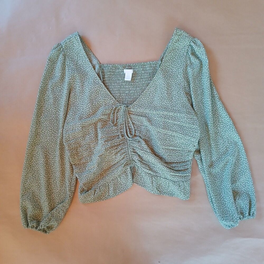 H&M Sage Green Smocked Front Drawstring Floral Blouse